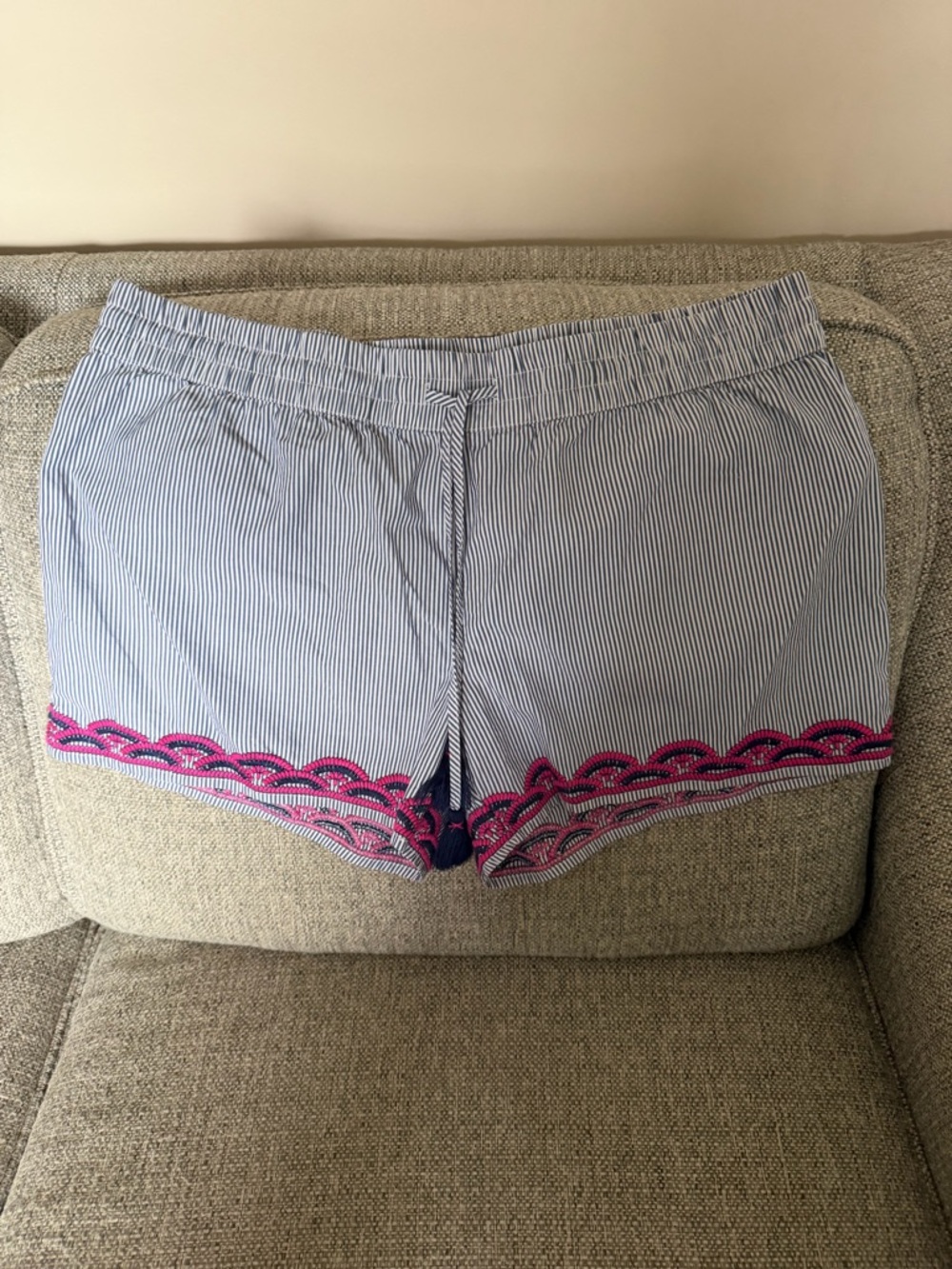 Vineyard Vines Blue and White Striped High Waist Shorts with Pink Trim